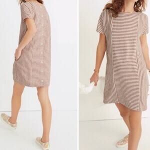Madewell S Red White Stripe Play Button Back Linen Blend Shift Mini Dress G5305
